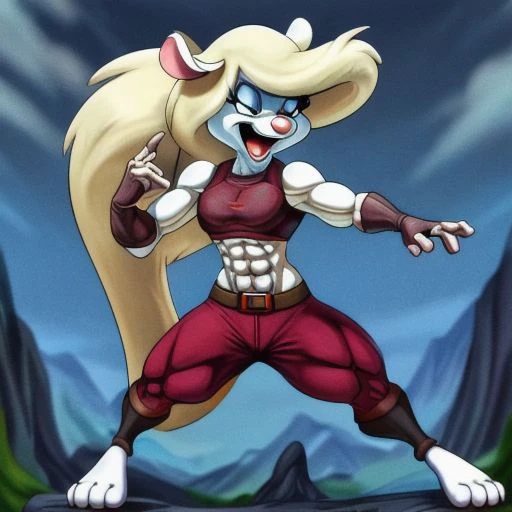 Minerva Mink (Animaniacs), <lora:BarbarianT-18:0.8>, BarbarianT, muscular female, abs, dynamic pose, scar, best quality, masterpiece, highres