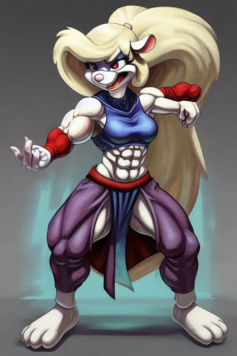 Minerva Mink (Animaniacs), <lora:BarbarianT-18:0.8>, BarbarianT, muscular female, abs, dynamic pose, scar, best quality, masterpiece, highres