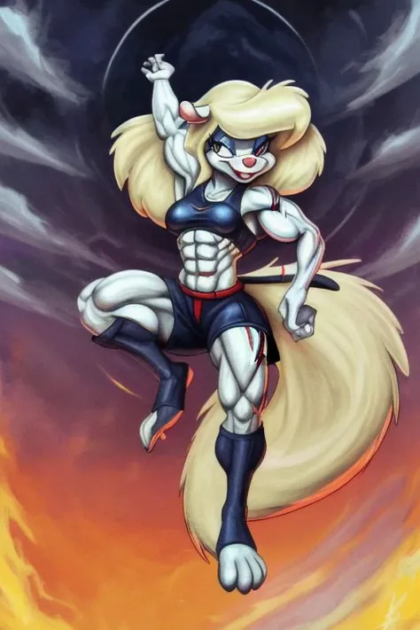 Minerva Mink (Animaniacs), <lora:BarbarianT-18:0.8>, BarbarianT, muscular female, abs, dynamic pose, scar, best quality, masterpiece, highres