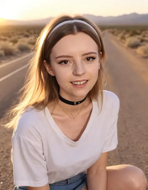 Elise Ecklund, a 25-year-old woman with shoulder-length hair and hairband, casually squatted on the edge of an open desert road beneath the warm golden sunlight. She wore an open white shirt, short denim skirt, black choker, necklace, and bead bangles, cre...