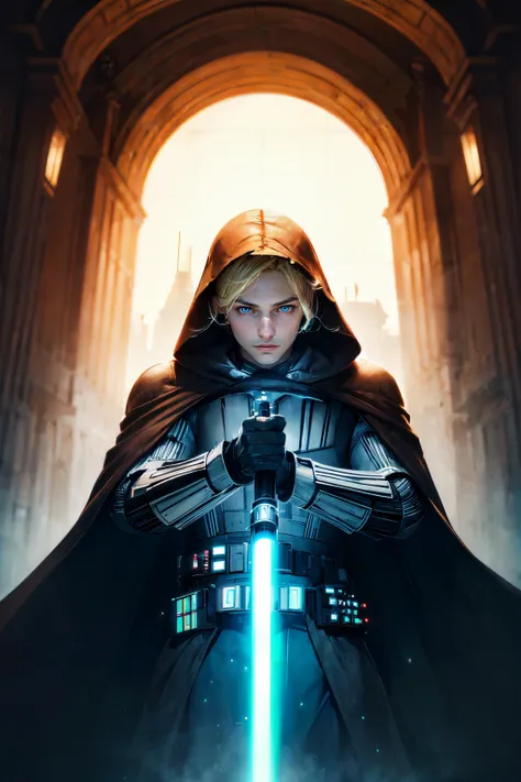 a woman in a dark robe holding a light saber