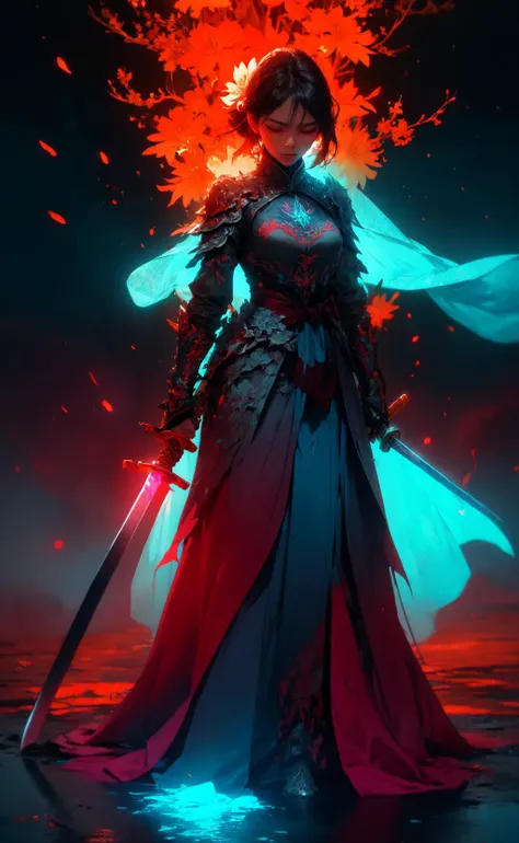 a woman in a long dress with a sword and a glowing halo