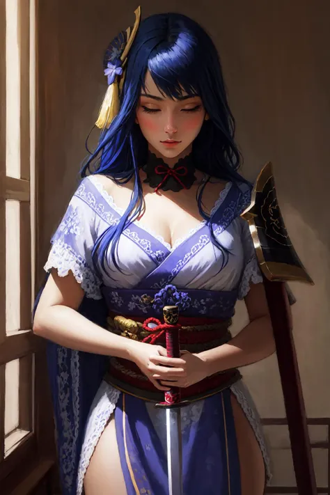 a woman in a blue dress holding a sword and a sword