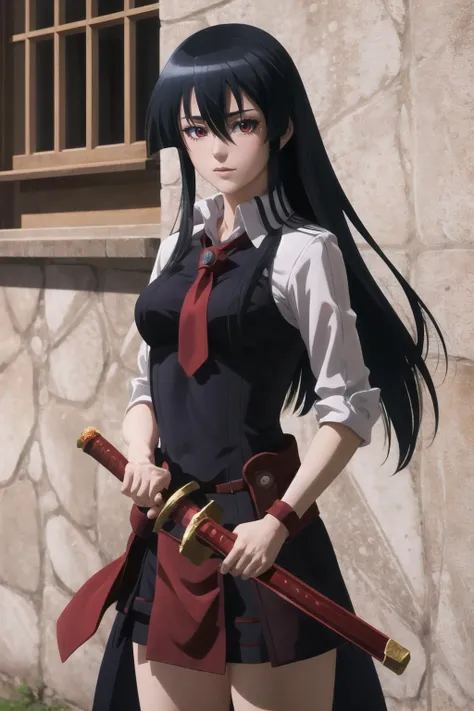 anime girl with long black hair and a red tie holding a sword