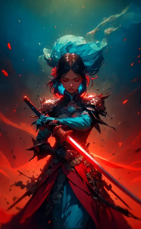 a woman with a sword in her hand and a red background