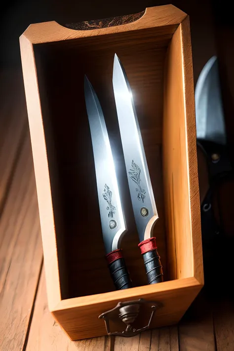 masterpiece, high quality, hdr, kunai knife, cloth handle, displayed on a small wooden box filled with straw, ambient lighting, extreme detail,  <lyco:UnlimitedBladeWorks1.6:.8>