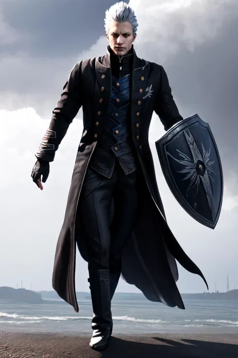 a man in a black coat holding a shield and a shield