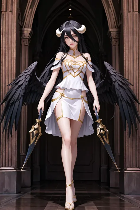 Highly detailed, High Quality, Masterpiece, beautiful, 1girl, solo, DualWielding, <lora:UnlimitedBladeWorks1.6:0.9>, albedo_overlord, white horns, black wings, black hair, white dress, <lora:Char_Overlord_Albedo:0.6>, full body,