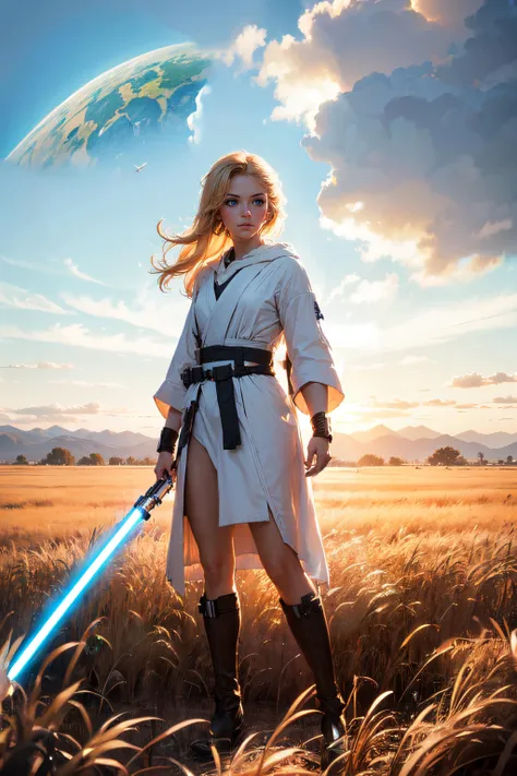 a woman in a white dress holding a light saber in a field