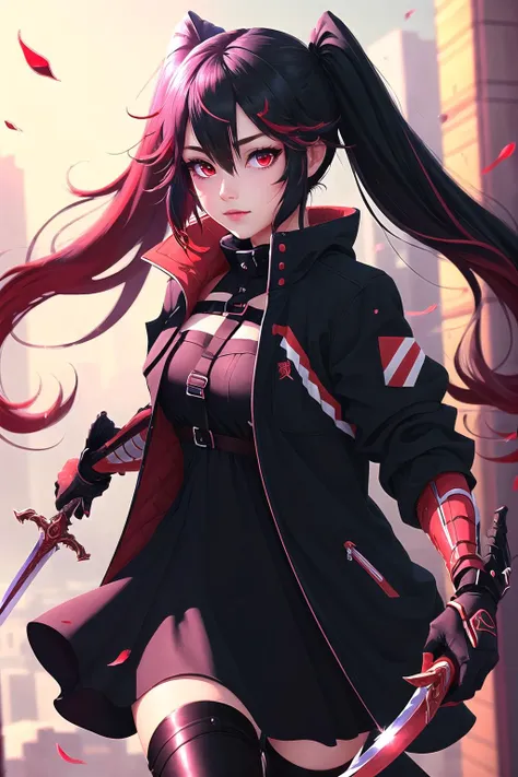 anime girl with long hair and a sword in a city