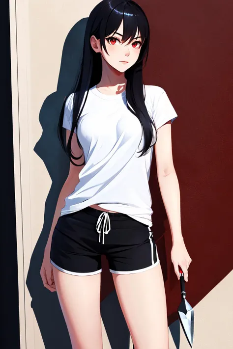 Highly detailed, High Quality, Masterpiece, beautiful, Kunai, <lora:UnlimitedBladeWorksV1:1>, 1girl, solo, cowboy shot, red eyes, black hair, long hair, shirt, white shirt, shorts, short shorts, black shorts