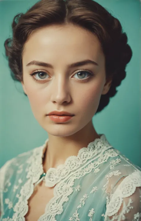 1950s photography BREAK (rockabilly aesthetics:1.4), extreme face close up shot of a statuesque Turkmenistani woman with a tired expression (curvy and busty:2) (puffy eyes:1.4), (wearing Embroidered lace blouse with a sheer yoke and scalloped edges:1.4) BR...