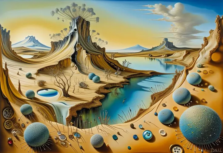 painting of a desert landscape with a river and mountains