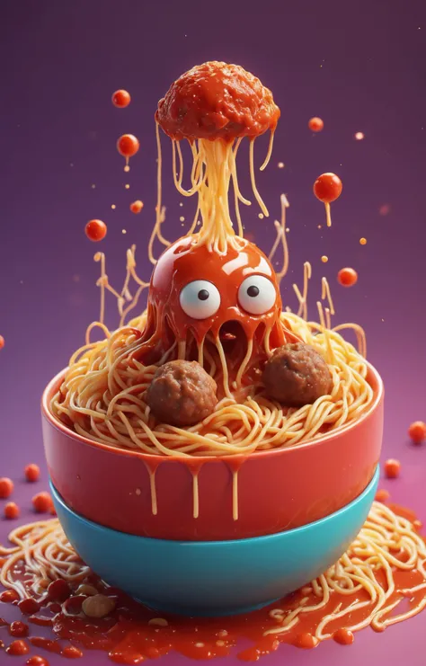 3d isometric, blender render, soft colorful-hued colors, a tiny and cute cthulu floating above a steaming hot spaghetti bowl, tentacles, meatballs, tomato sauce splatter, grated parmesan Two tone lighting, abstract geometric gradients, geometric shapes, si...