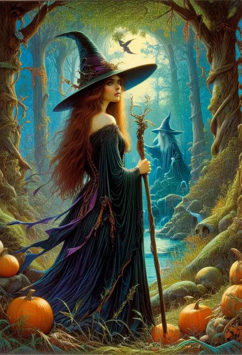 a painting of a woman in a witch costume holding a broom