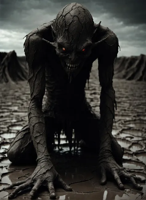 a close up of a creepy creature with red eyes on a muddy ground