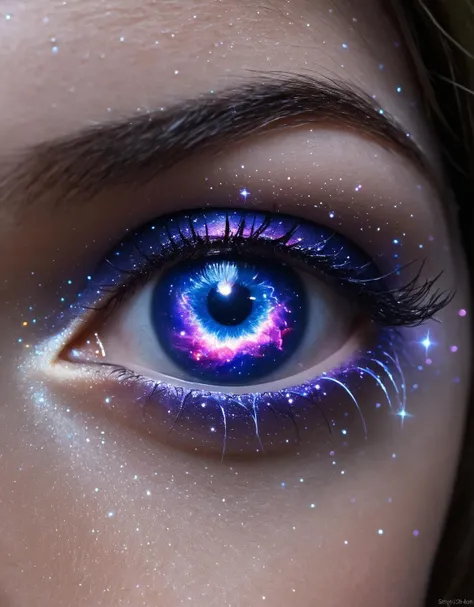 a close up of a woman's eye with a galaxy in the iris