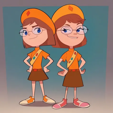 a cartoon girl with glasses and a hat standing next to another girl