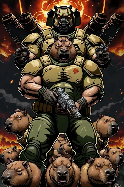 Fat angry capybaras with furry arms wearing metal DOOMGUY armor and holding GUNS while surrounded by CYBORG DEMONS and MORE GUNS and EXPLOSIONS and the FIRES of HELL.
<lora:capi-09:0.9>, <lora:doomguy-15:0.5>.