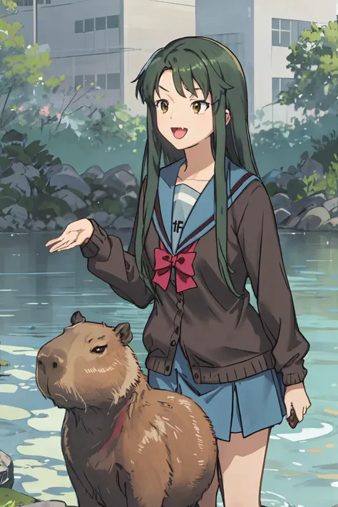 anime girl with green hair and blue skirt standing next to a capy