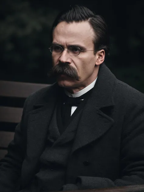 <lora:FriedrichNietzsche:0.7> <lora:LowRA:0.7> friedrichnietzsche, thick mustache, long mustache, forehead, coat, white shirt, (sitting on a bench:1.1), (intricate details:0.9), (hdr, hyperdetailed:1.2), (natural skin texture, hyperrealism, soft light, sha...