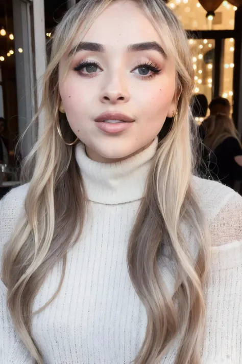 sabrinaC1  piercing eyes, looking straight, very happy,long hair, wearing an off-shoulder sweater, choker, closeup portrait, in a outdoor cafe in 2015, afternoon light