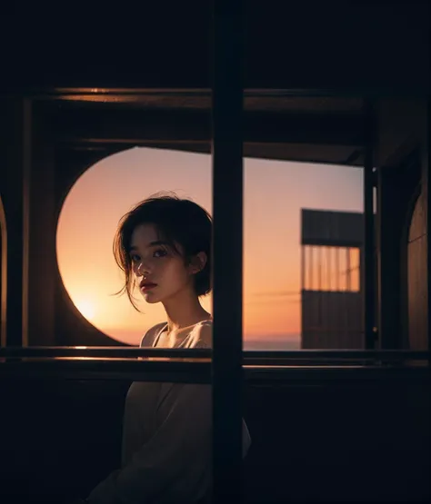 a woman looking out of a window at the sunset