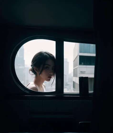 arafed woman looking out of a window in a dark room