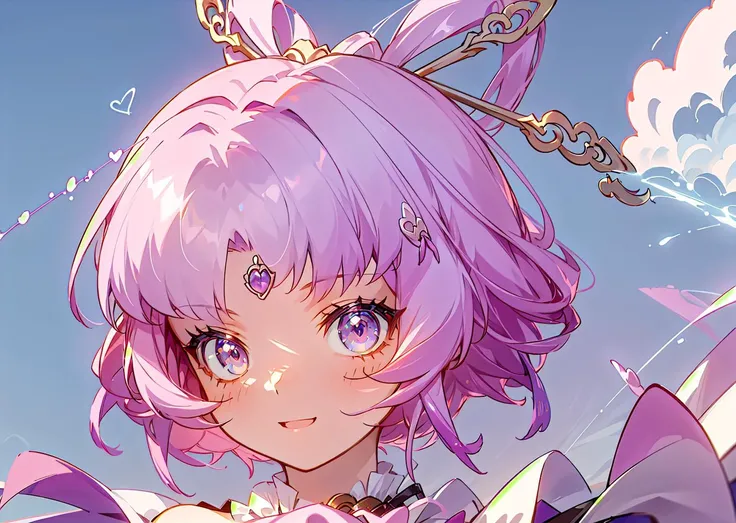 (masterpiece, best_quality), highly_detailed, highres, 
<lora:fuxuanStarrailV2.5:0.8>, fuxuan, fuxuanf, 
1girl, solo, portrait, pink_hair, short_hair, bangs, hair_ornament, purple_gem, blush, happy, :d, closed_eyes,
sky, clouds, day, blue_background, brigh...