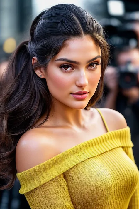 photo of beautiful (taowickrath:0.99), a woman with beautiful hair, hair upsweep updo, as a movie star in a (movie premiere), premiere gala, (near a movie theatre), natural skin texture, (elegant yellow sweater off-shoulder), (suspenders:1.1), 24mm, 4k tex...