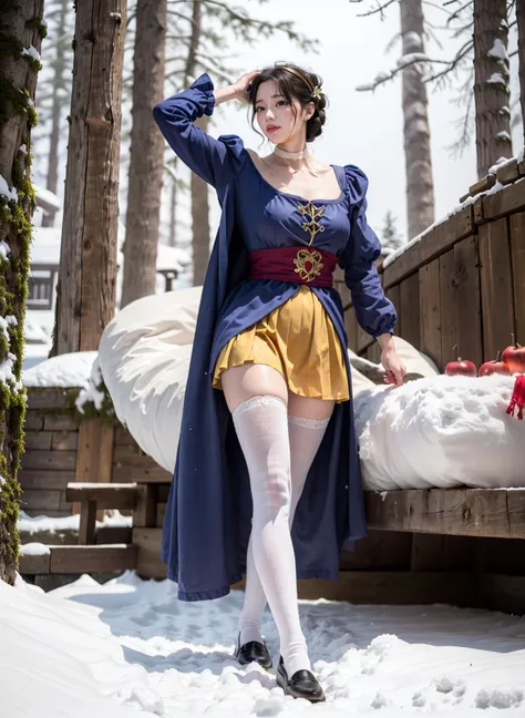 araffe dressed in a blue dress and yellow skirt posing in the snow