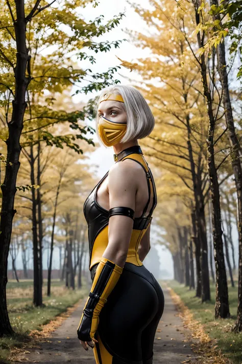 kmeleon, white eyes, white hair, bob cut, white eyes,mask, headband, yellow bodysuit, choker, looking at viewer, serious, standing, outside, field, trees, autumn, overcast, extreme detail, masterpiece,  <lora:KhameleonMK1-10:.7>