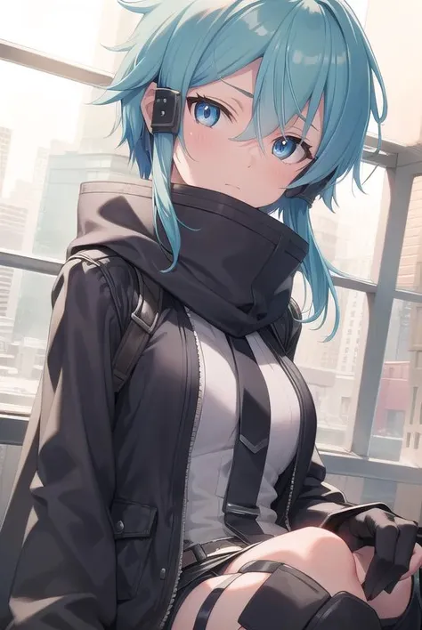 shinoasada, <lora:shinoasada-lora-nochekaiser:1>, 
sinon, blue eyes, blue hair, hair ornament, hair between eyes, hairclip, short hair, sidelocks, (small breast:1.2),
BREAK black footwear, black gloves, black shorts, boots, fingerless gloves, gloves, green...