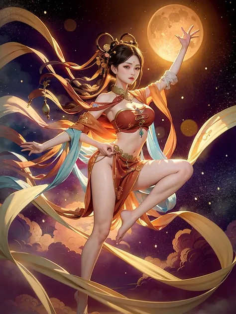 1 girl ((flying)) under moon ,BIG Chest,Chinese immortals,dunhuang_cloths,dunhuang_style,best quality, realistic, photorealistic, award-winning illustration, (intricate details:1.2), (delicate detailed), (intricate details), (cinematic light, best quality ...