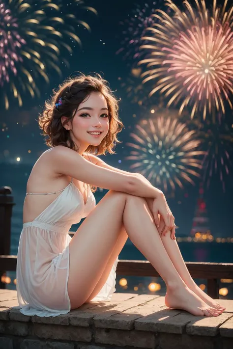 masterpiece, best quality, 1girl, dynamic angle, sparkle_background, lens_flare, barefoot,  blush, strap_slip, rainbow, fireworks, bare_shoulders, sitting, dress, masterpiece, best quality, highres, [smiling]