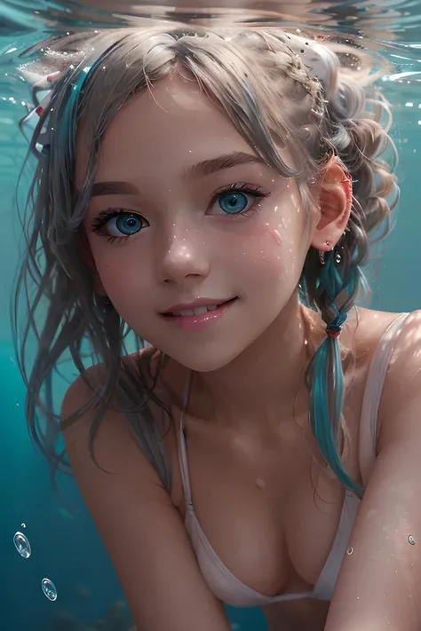 photograph, young woman, high quality, photorealistic, masterpiece, best quality, realistic, slim, white hair with teal highlights, grey eyes, detailed eyes, realistic eyes, glossy lips, smile, hairpin, messy hair, braids, underwater, white bikini, full bo...