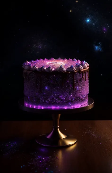 Delicious glowing galaxy cake on a dining table in the kitchen, comfortable light ,romantic light, ultra details ,photorealistic, realistic ,gel lighting, Cinematic, Filmic, medium shot, 4k, Front-light, Cinematic Lighting, volumetric Light, Ray Tracing Re...