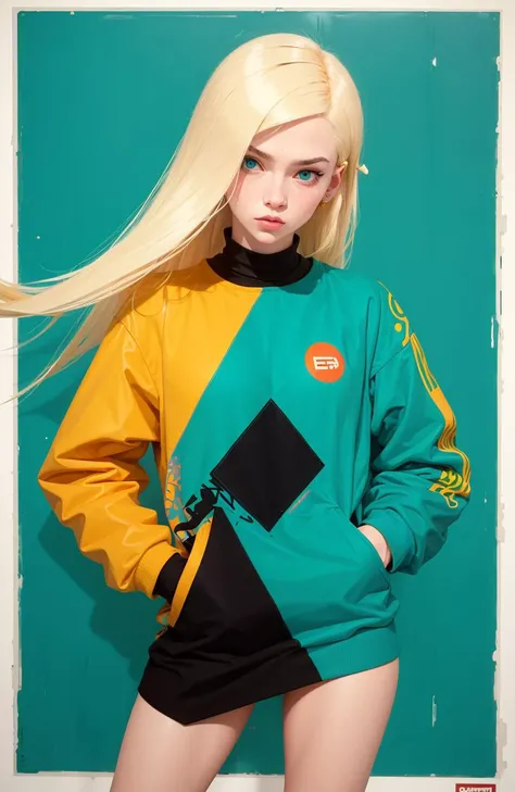 abstract 1998 european blond hiphop girl by sachin teng x supreme, attractive, stylish, designer, green, asymmetrical, geometric shapes, graffiti, street art