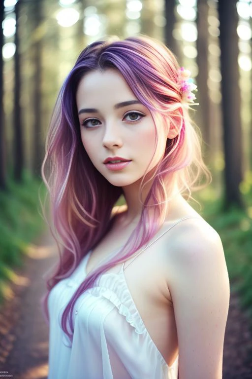 (8k, best quality, masterpiece:1.2),(best quality:1.0), (ultra highres:1.0), watercolor, a beautiful woman, shoulder, hair ribbons, by agnes cecile, full body portrait, extremely luminous bright design, (pastel colors), forest background, modelshoot style,...