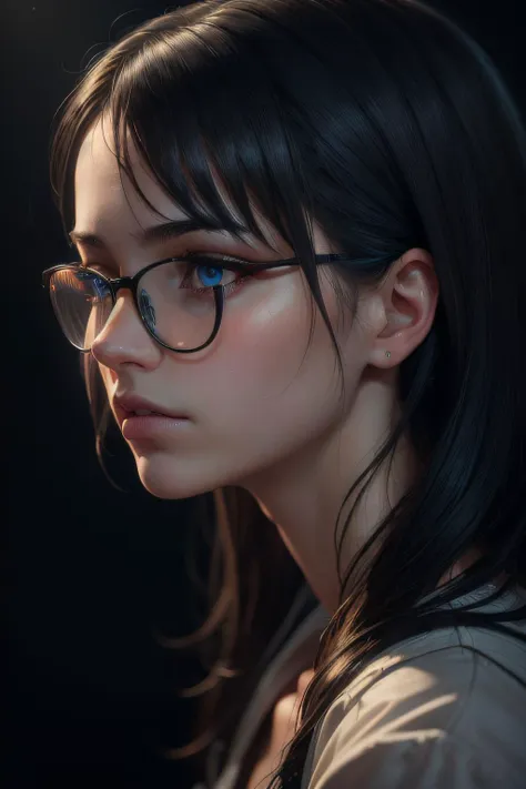 ((best quality)), ((masterpiece)), (detailed), (realistic),epic realistic, Manga style. Black and white with bright blue eyes. Clean lines. Neon genesis evangelion style. Boy. Glasses reflecting light., art by greg rutkowski and artgerm, soft cinematic lig...