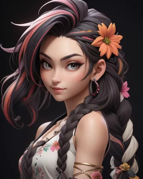 (Masterpiece: 1.5), (Best Quality: 1.5), High Resolution, High Detail, 3DXR, 3DMM,1 Girl, Long Hair, Hair Accessory, Multicolored Hair, Flower, Hair Flower, Braid,, Jewelry, Bracelet, Solo, Simple Background, Skin Highlight, Sharpen, Clear