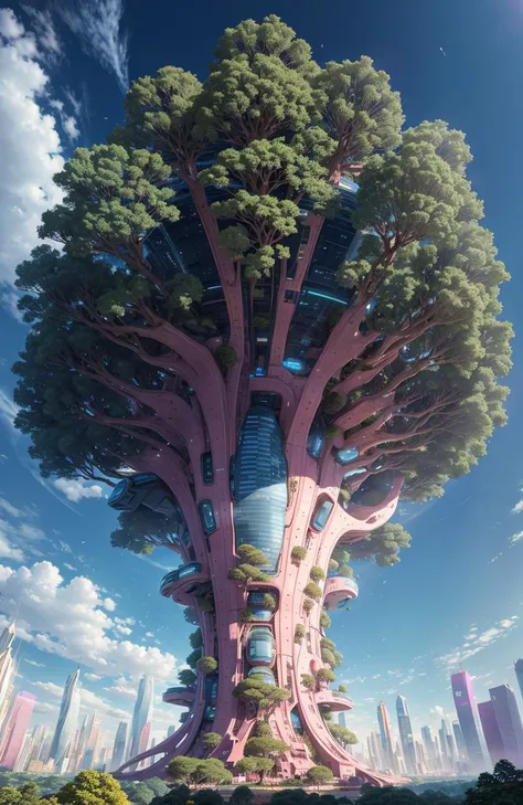 giant tree growing in futuristic city, sky is pinkish-blue, intricate, highly detailed, 16k, UHD, HDR10, 16K, ((Masterpiece)) , Absurdres