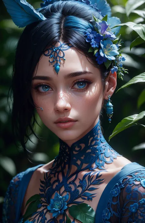 fashion photography portrait of blue human avatar, in blue lush jungle with flowers and birds, 3d render, cgi, symetrical, octane render, 35mm, bokeh, 9:16, (intricate details:1.12), hdr, (intricate details, hyperdetailed:1.15), (natural skin texture, hype...