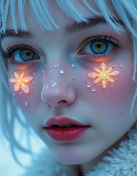 Close view of cute female face with snowwhite hair, pale skin covered with frost with glowing ice crystals instead of eyes. Red lips covered by crystals. Vibrant colors, drammatic light.