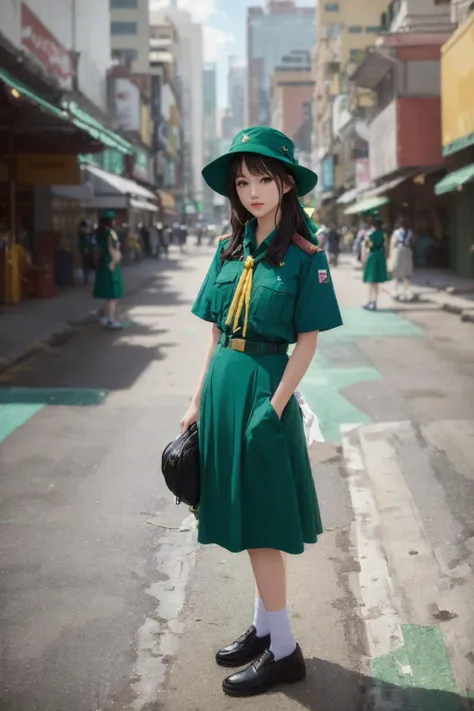 (from ground shot:1.3), stunning young girl, (sharp jawline:1.1), (full lips:1.1), (almond-shaped eyes:1.1), (high cheekbones:1.2),wearing green thai_girlscout_uniform, small green girl scout hat, standing tall in the center of a bustling metropolis, brigh...