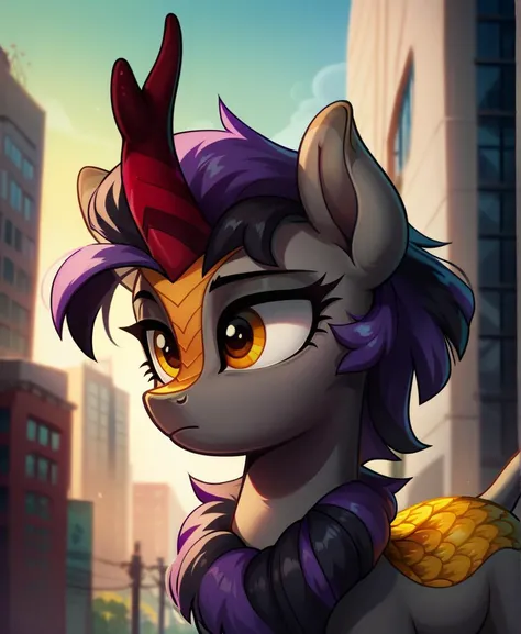 score_9_up, score_8_up, score_7_up, upper body, 1girl, source_pony, anatomically correct, female, feral, dark grey body, kirin, short hair, bright purple hair, multicolored hair, black hair, french braid, amber eyes
, outdoors, horizon, in a city, morning,...