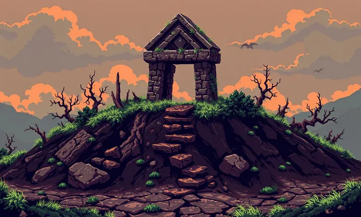 Glitchcore Art Style, retro game art pixel-art. In an early-medieval setting.
A desolate hill where an ancient stone altar stands. The surrounding earth is barren and cracked, and no plants grow near the altar. Local rumors say that dark rituals once took ...