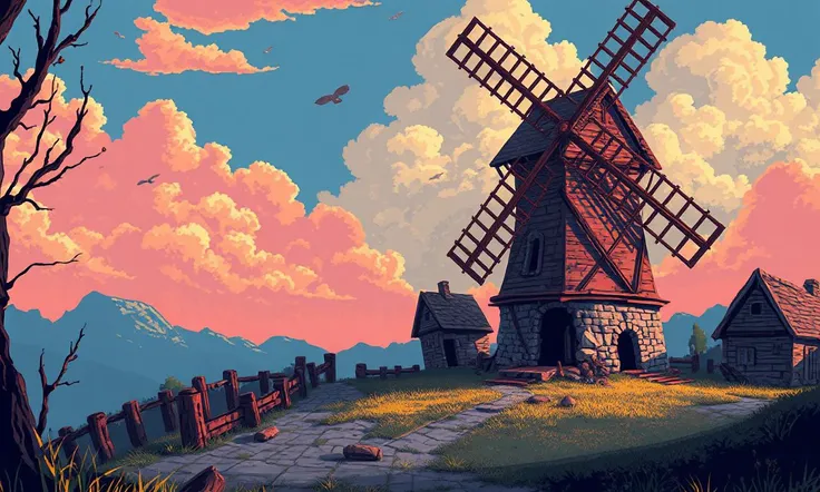 Glitchcore Art Style, retro game art pixel-art. In an early-medieval setting.
A dilapidated windmill on the outskirts of a village, its sails creaking as they slowly turn. The millstone inside grinds grain into flour, though the millerâs family looks wor...