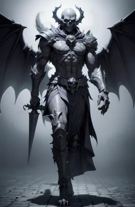 (extremely detailed 8k wallpaper),a full body shot photo of a fearful undead grey gargoyle necromancer holds in left hand a mace with a skulltop and in the right hand he holds a shield,2 Wings, intricate, high detail, dramatic