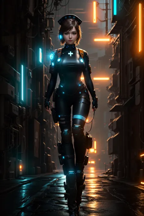 (extremely detailed CG unity 8k wallpaper),(masterpiece), (best quality), (realistic), cyberpunk, nurse, beautiful and detailed lighting, shadows, shallow depth of field, (fullbody), plugsuit